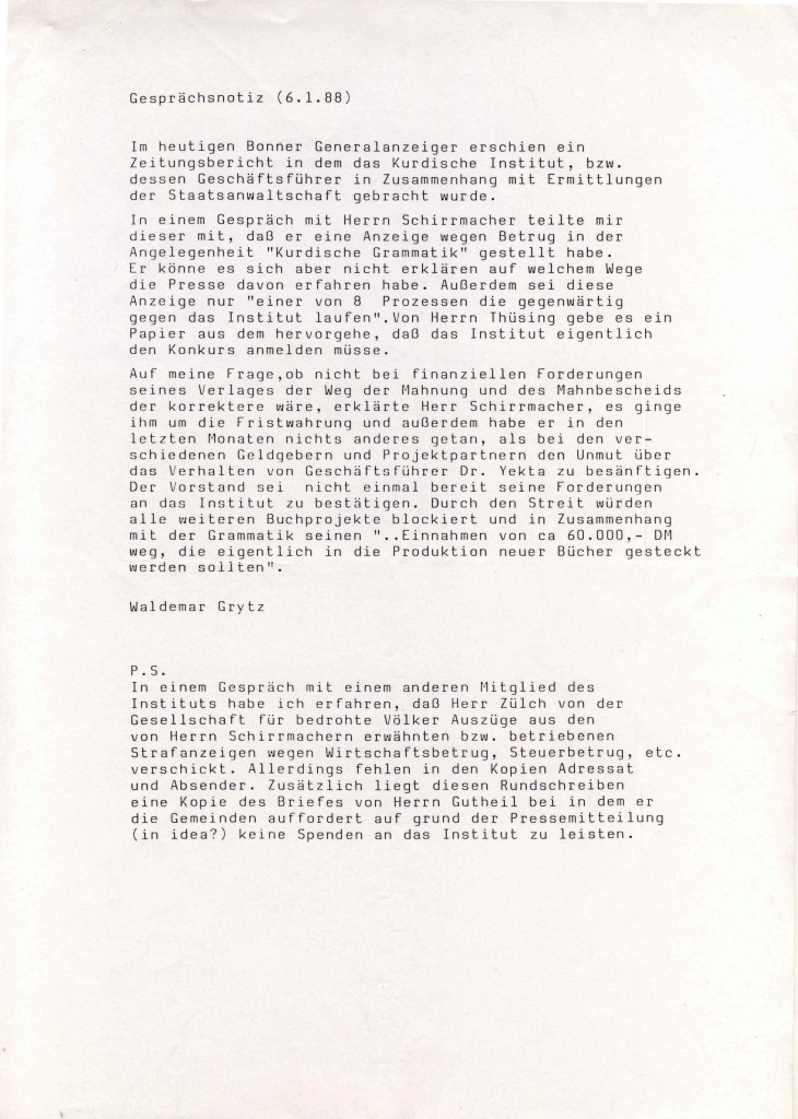 06-01-1988 - Waldemar Grytz über die Lage des Kurdischen Institutes