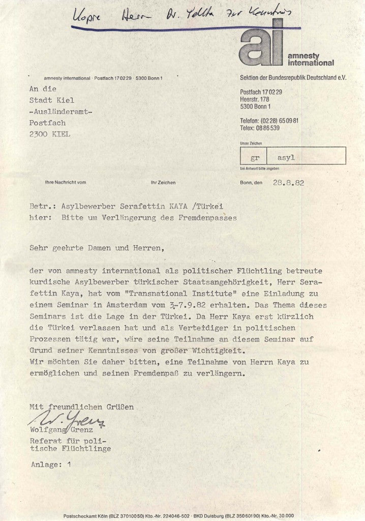 28-08-1982 - Zusammenarbeit zwischen Amnesty International und dr Yekta wegen Serafettin Kaya